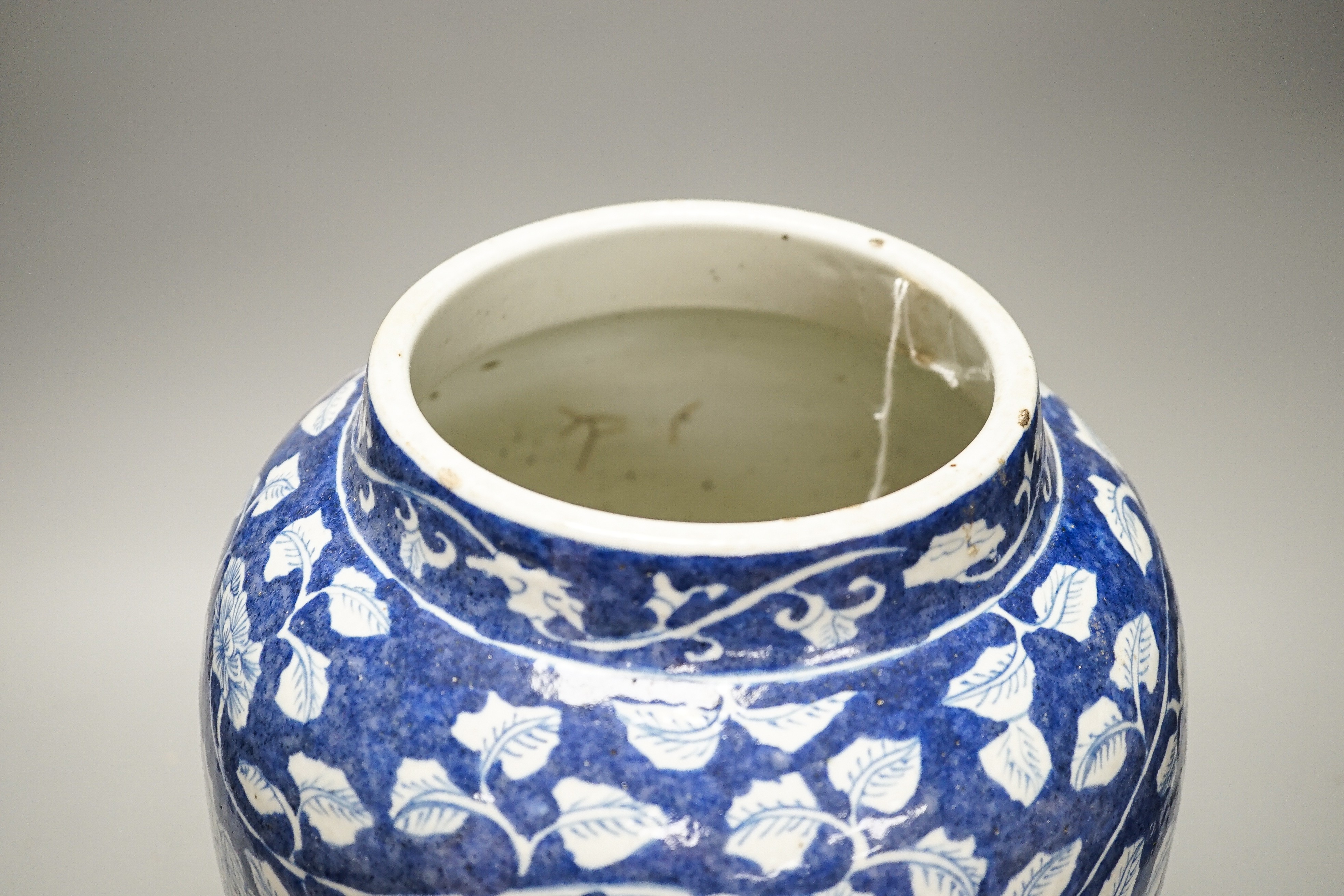 A Chinese blue and white ovoid jar, 19th/20th century, painted with dragons amid flowers and foliage, 33 cms high.